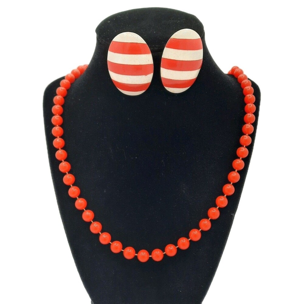 Vtg 60s Mod Red/White Striped Pierced Wood Earrings Beaded Acrylic Necklace Set